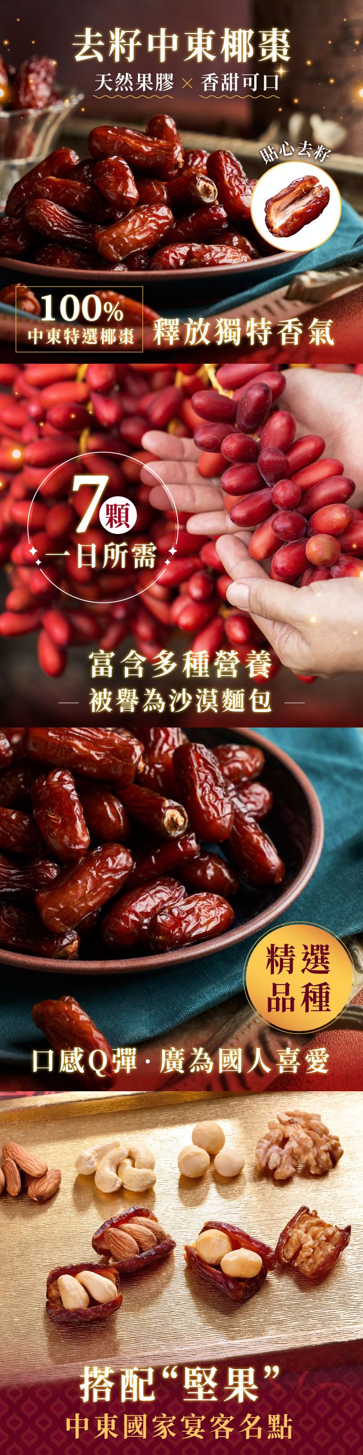 去籽中東椰棗天然果膠香甜可口貼心去籽100%中東特選椰棗 釋放獨特香氣一日所需富含多種營養被譽為沙漠麵包精選品種口感Q彈·廣為國人喜愛.搭配“堅果”中東國家宴客名點םם