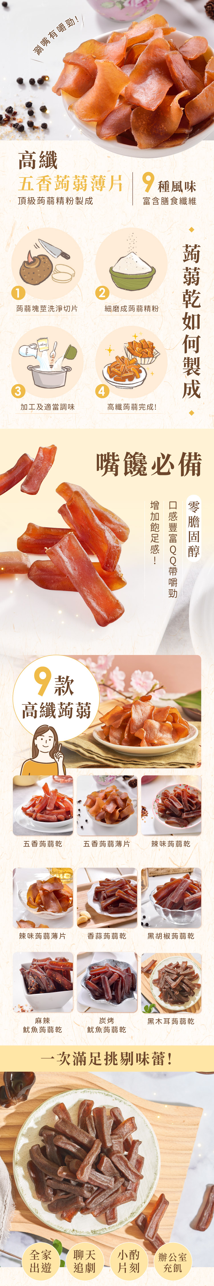 涮嘴有高纖五香薄片種風味頂級蒟蒻精粉富含膳食纖維2蒟蒻塊莖洗淨切片細磨成蒟蒻精粉34加工及適當調味高纖蒟蒻完成!蒟蒻製成嘴饞必備9款高纖蒟蒻!嚼勁五香蒟蒻乾五香蒟蒻薄片辣味蒟蒻乾辣味蒟蒻薄片香蒜蒟蒻乾黑胡椒蒟蒻乾麻辣炭烤黑木耳蒟蒻乾魷魚蒟蒻乾魷魚蒟蒻乾一次滿足挑剔味蕾!全家聊天小酌辦公室充飢出遊 追劇 片刻